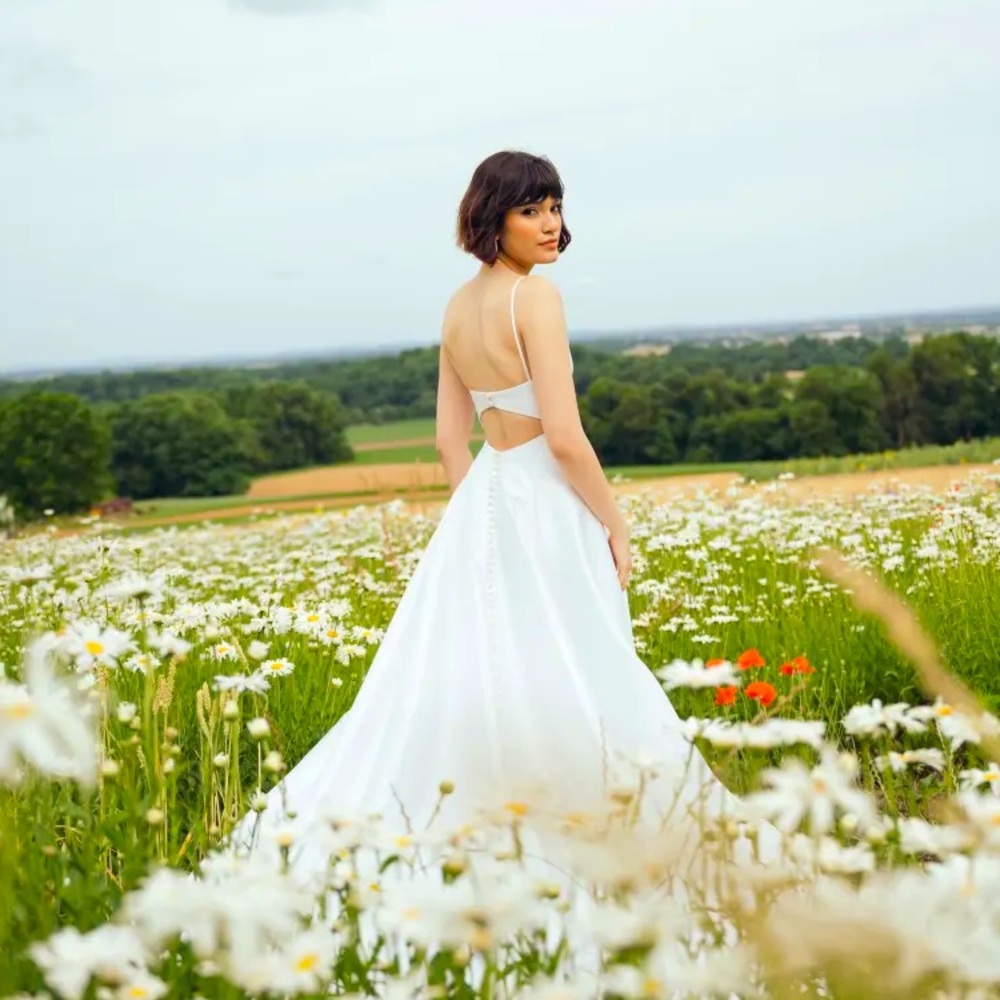 NWT Anthropologie Jenny Yoo Tamson Satin Plunge Cutout A-Line Wedding Gown, Sz 8